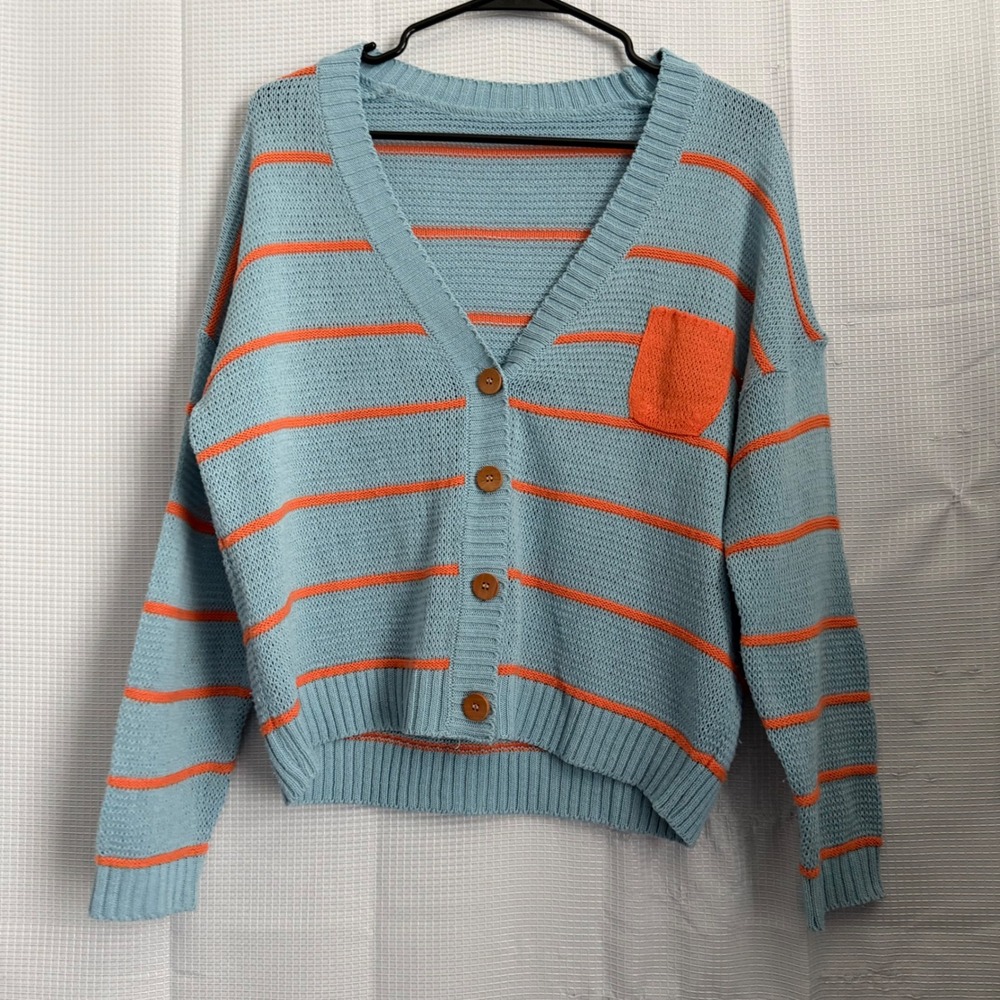 Unbranded Cardigan Sweater Blue Orange Striped Button Front Pocket Casual